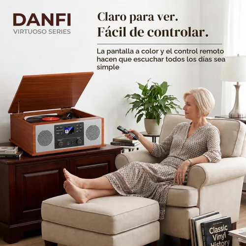 Vista 9 de Tocadiscos Bluetooth retro 10 en 1 con altavoces estéreo, tocadiscos de vinilo de 3 velocidades, reproductor de CD, reproducción y grabación USB/SD