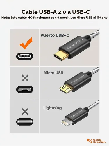 Vista 2 de CableCreation Cable corto USB a USB C de 6 pulgadas, carga rápida USB A a USB C, cable trenzado USB C macho a USB macho para banco de energía Negro