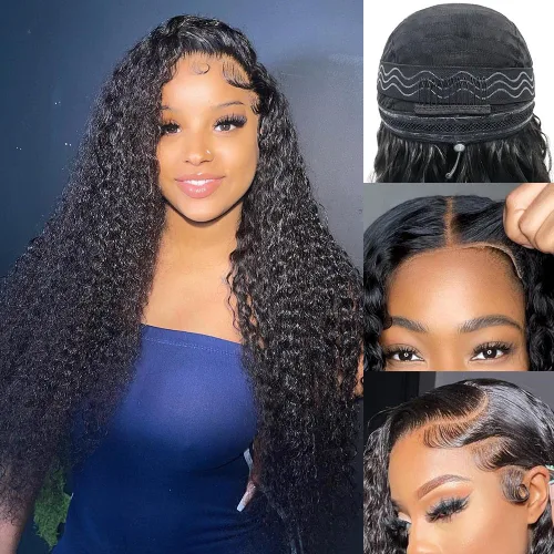 Vista 11 de Pelucas de cabello humano ondulado con encaje frontal 360 con correa oculta, nudos blanqueados, sin pegamento, previamente despuntadas, precortadas