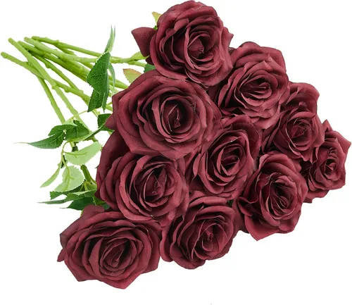 Vista 29 de 10 rosas artificiales abiertas, tallos de rosas artificiales para arreglos de boda, ramo de novia, centro de mesa, flores de seda sintética falsas