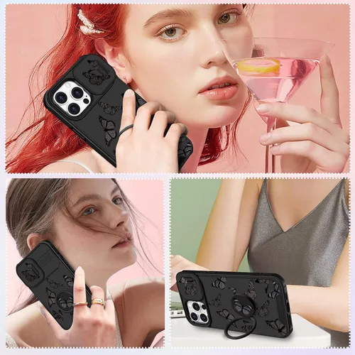 Vista 6 de Funermei Funda 2 en 1 para iPhone 15 Pro con diseño de mariposa para mujeres y niñas, bonita funda kawaii para adolescentes, diseño estético negro