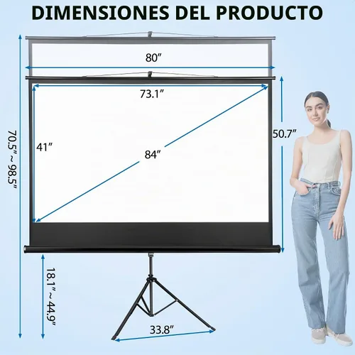 Vista 3 de Pantalla de proyector portátil 16:9 HD de 84 pulgadas con soporte, pantalla de trípode extraíble manual sin arrugas con bolsa de transporte