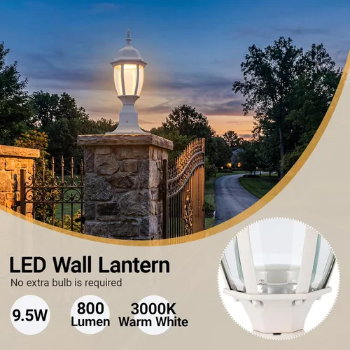 Vista 2 de LIT-PaTH Accesorio de iluminación LED para exteriores, farol de poste, 9.5 W, 800 lúmenes, blanco cálido de 3000 K, carcasa de aluminio más vidrio 1
