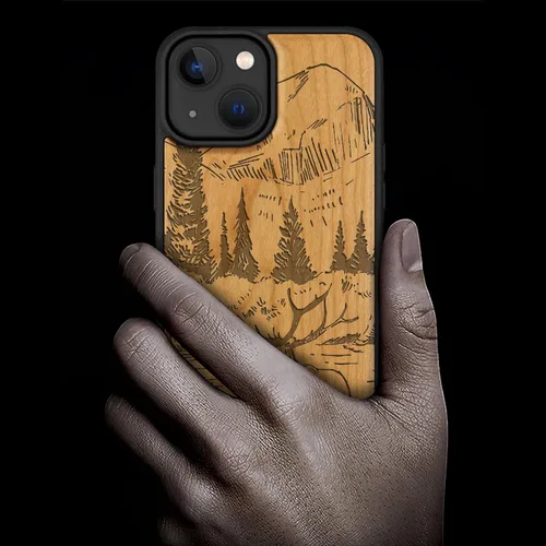 Vista 2 de Carveit Funda magnética de madera para iPhone 15, compatible con cargadores inalámbricos MagSafe, funda negra de TPU suave a prueba de golpes