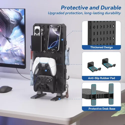 Vista 7 de KDD RGB Desk Pegboard Organizer - Compact Freestanding Gaming Desk Decor with Controller & Headphone Holder, Storage Box, Hooks, Phone Stand - No