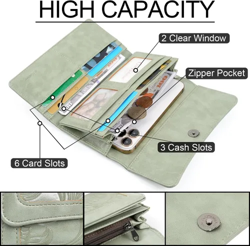 Vista 58 de MEITRUE Cartera de cuero para mujer, con bloqueo RFID, triple pliegue, con relieve, soporte para tarjetas, organizador de chequera para teléfono