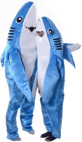 Vista 2 de Luxfan Disfraz de tiburón de vellón para adultos, talla única, disfraz de Halloween, disfraz divertido para cosplay