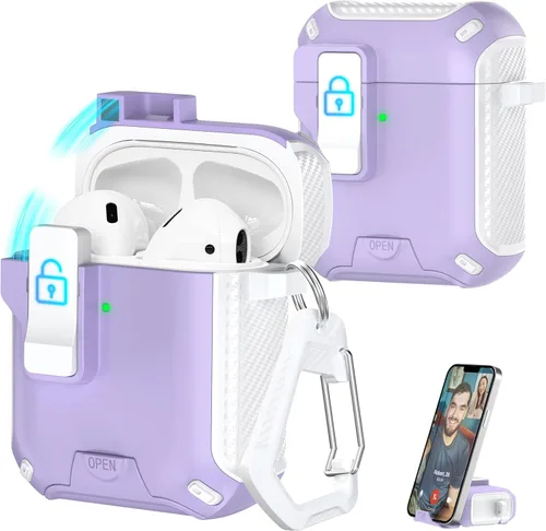 Vista 48 de R-fun Funda de carga compatible con AirPods de 2ª generación 2019, 1ª generación 2016, protección completa contra caídas, tapa desplegable