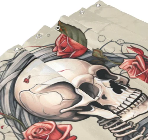 Vista 3 de YLATY3445 - Cortina de ducha de calavera para baño, divertido juego de cortina de ducha hippie con flores rojas y esqueleto, pintura al óleo, tela