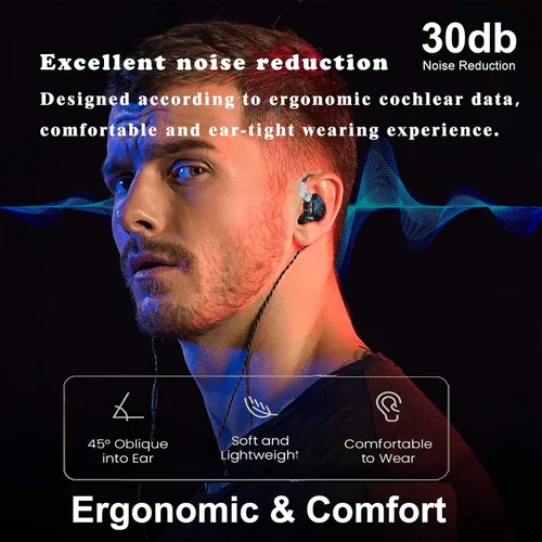 Vista 7 de FEDAI DX2 - Auriculares con monitor de oído, estéreo de alta fidelidad IEM, auriculares profesionales con aislamiento de ruido, auriculares Negro