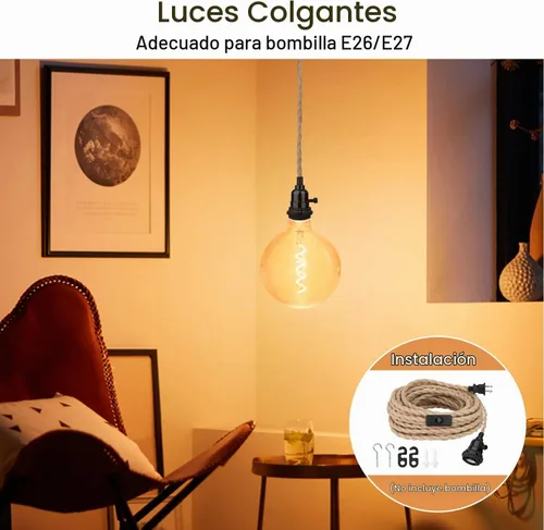 Vista 3 de Kit de luces colgantes de 16.5 pies, luces colgantes con cable de enchufe e interruptor, lámpara colgante de cuerda de cáñamo E26, cable de linterna