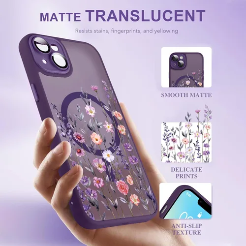 Vista 4 de Magnético para iPhone 13 con protector de pantalla [Compatible con MagSafe] Diseño de patrón floral de flores bonitas, funda delgada a prueba