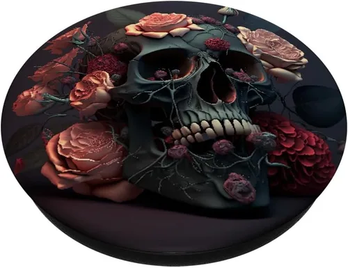 Vista 2 de Calavera y rosas floral negro oscuro gótico calavera de terror PopSockets intercambiables PopGrip
