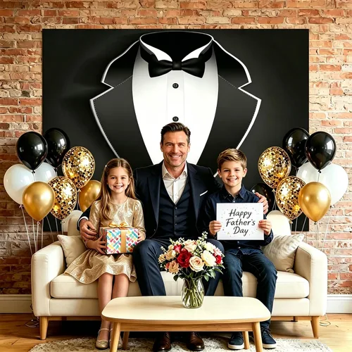 Vista 7 de Telón de fondo para fotos de caballero de 5 x 3 pies para hombre, color negro y blanco, con pajarita para traje de fotografía, fondo de cumpleaños