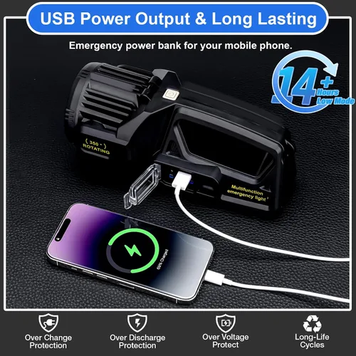 Vista 5 de Linterna de foco recargable, 2,000,000 L lúmenes, luz LED de mano con rotación de 350°, 9 modos, carga solar y USB-C, impermeable, linterna