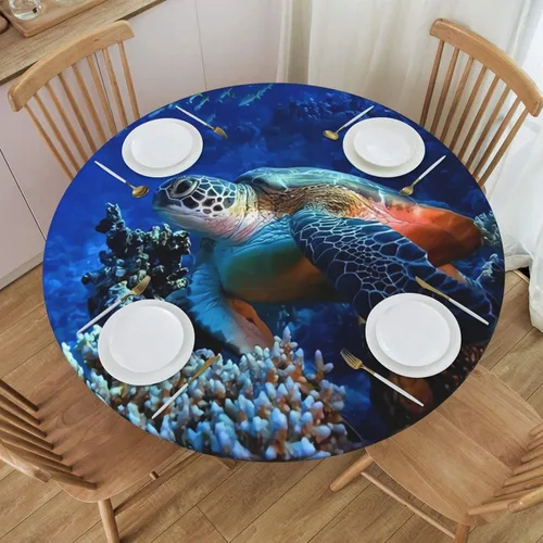 Vista 12 de Mantel ajustable con temática náutica con diseño de cangrejo, mapa de vida costero azul del océano, borde elástico, cubierta impermeable y lavable
