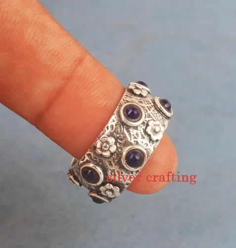 Vista 2 de Anillo redondo de lapislázuli hecho a mano, joyería de plata de lapislázuli para mujer, anillo de plata de piedra azul