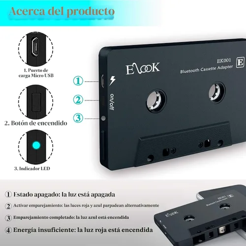 Vista 5 de Elook - Receptor de Audio para Coche, Receptor de Casete Bluetooth, Adaptador Auxiliar con Reproductor de Bluetooth 5.0 receptor de audio de cinta