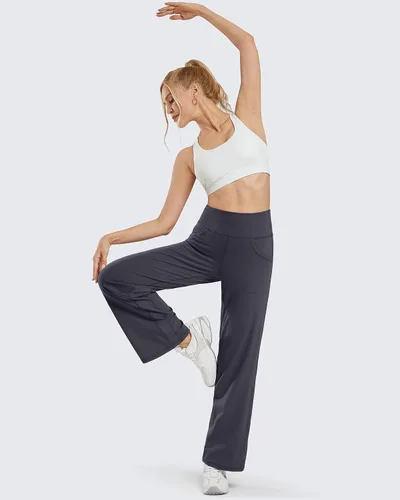 Vista 4 de Promover Pantalones deportivos de yoga de pierna ancha para mujer, con bolsillos, elásticos, holgados, informales, para descansar, tallas petite