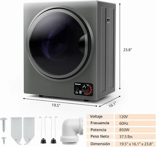Vista 7 de COSTWAY Secadora de Ropa Compacta, Secadora de Ropa Portátil Eléctrica de 110V con Tambor de Acero Inoxidable, Panel de Control en la Parte Inferior