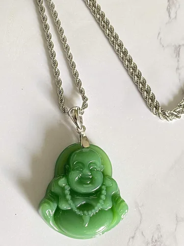 Vista 4 de Shop-iGold Colgante de Buda de jade verde claro para hombre y mujer, con estatua de Buda riendo, Metal, Jade simulado