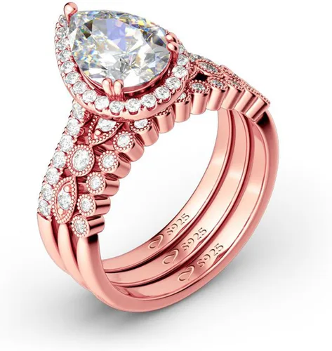 Vista 7 de Jeulia Juego de anillos de boda en forma de pera 3 piezas de plata de ley con corte de pera de halo de diamantes de oro rosa, anillo de boda