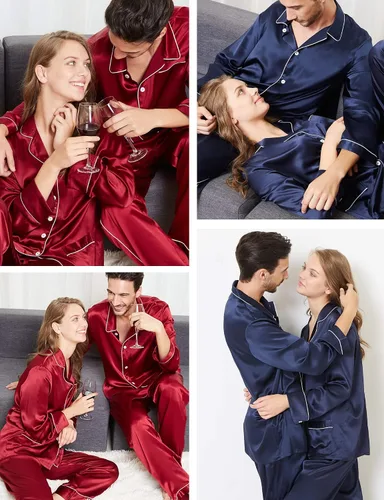 Vista 4 de SWOMOG Conjunto de pijama de seda a juego para parejas, con 2 bolsillos, manga larga, con botones, ropa de dormir