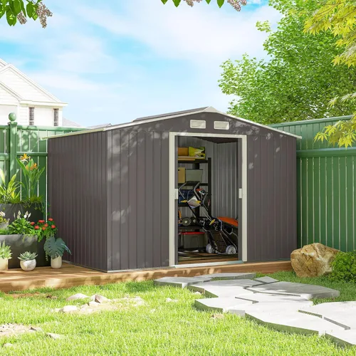 Vista 15 de Outsunny Cobertizo de almacenamiento exterior de 11' x 13', cobertizo de metal para herramientas de jardín con kit de cimentación, puerta con doble