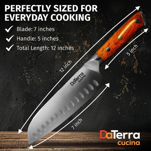 Vista 3 de DaTerra Cucina - Cuchillo Santoku de 7 pulgadas - Cuchillo de cocina profesional de acero alemán con mango ergonómico de palisandro, afilado