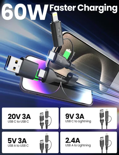 Vista 5 de Cable USB-C y Lightning en espiral 2 en 1, cable de carga para iPhone 17 16 de 3 pies, cable de carga rápida de 60 W para iPhone 15, Samsung Galaxy