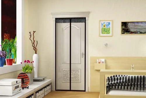 Vista 4 de Puerta mosquitera magnética, estilo moderno, 36'x83", poliéster, malla de fibra de vidrio, fácil instalación, apto para mascotas y niños, pantalla