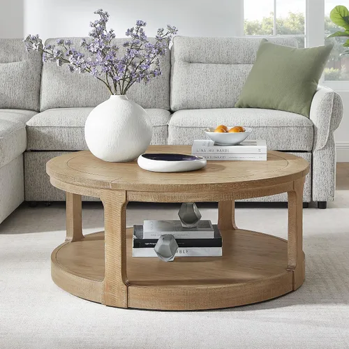 Vista 53 de Mesa de centro redonda de madera de 31.49 pulgadas con almacenamiento, mesa de centro circular acanalada de 2 niveles con tapa y estante para sala