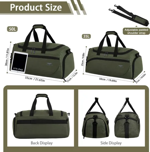 Vista 4 de FIORETTO Bolsa de deporte para hombre con bolsillo húmedo y compartimento para zapatos, ideal para viajes, gimnasio, deportes, natación, A-Verde