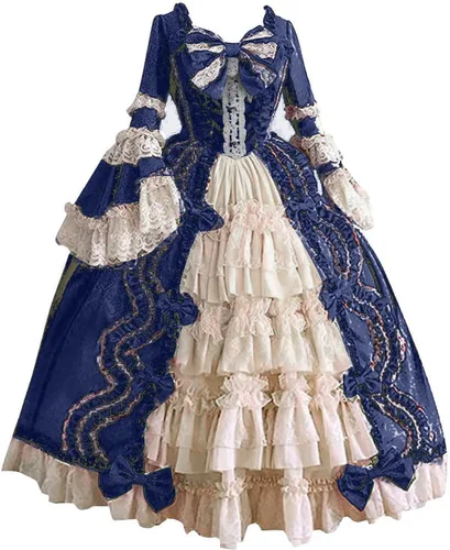 Vista 15 de SHOPESSA Vestido victoriano para mujer, vestido de lolita francesa, disfraz de princesa, vestido renacentista, manga acampanada, corte de cosplay