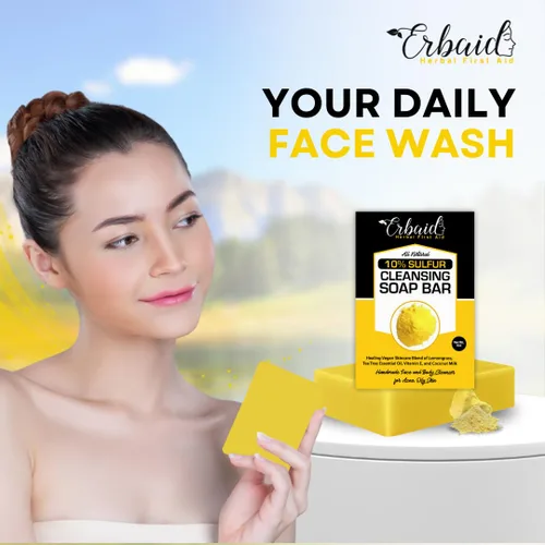 Vista 3 de Barra limpiadora de jabón de azufre 10% para cara y cuerpo, limpiador facial de azufre natural para acné, piel grasa, mezcla de citronela, aceite