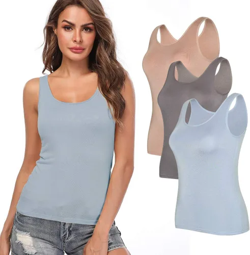 Vista 15 de Camisolas para mujer con brasier integrado, camiseta básica de yoga, camiseta sin mangas acolchada (S-3XL)