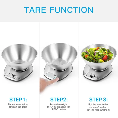 Vista 4 de BAGAIL - Báscula digital de cocina con cuenco de acero inoxidable, 11 lb/5kg 7 Weight Units, Large Clear Display, Gram Scale, For Baking &