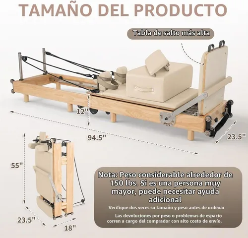 Vista 2 de Pilates Reformer Machine, Wood Foldable Pilates Machine Equipment for Home Workout