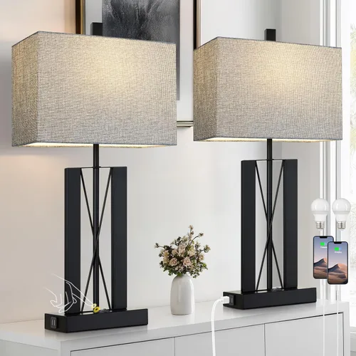 Vista 11 de Lolikit Lámparas de mesa con control táctil de 23.5 pulgadas, lámpara de noche de metal para dormitorio, juego de 2 con puertos USB A+C y salida
