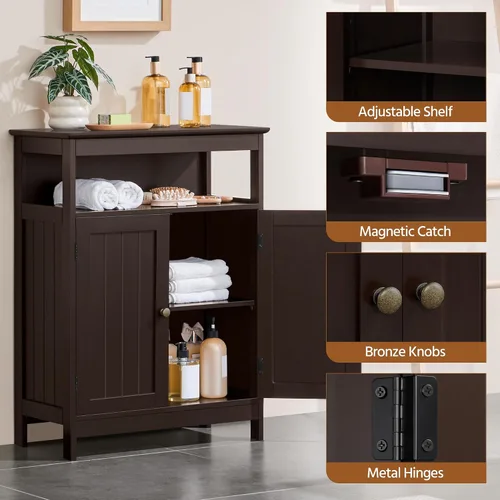 Vista 5 de Topeakmart Armario de madera con puertas duraderas y estantes ajustables, armario interior de madera independiente para baño/sala de estar/pasillo