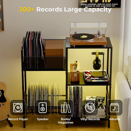 Vista 9 de Soporte para tocadiscos con luz LED, soporte para tocadiscos con almacenamiento de vinilo para más de 300 álbumes, gabinete multimedia de 3 niveles