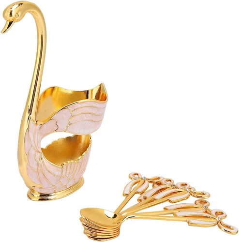 Vista 2 de Juego de cucharas de postre de café, elegante estante de almacenamiento de cucharas con forma de cisne, cucharas de postre de metal sólido