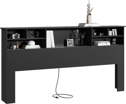 Vista 14 de Cabecero tamaño King solo con almacenamiento, estantería con 2 luces