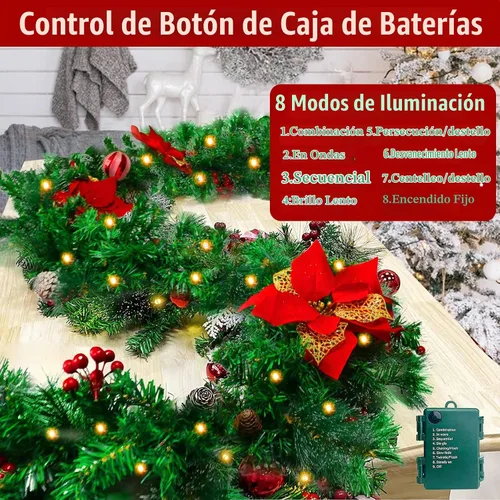 Vista 4 de Guirnalda de Navidad de 2,7 m con 100 luces, funciona con pilas, guirnaldas artificiales preiluminadas con bolas rojas, conos de pino, ramas