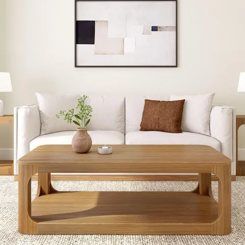Vista 5 de Plank+Beam Forma - Mesa de centro moderna de 54 pulgadas con estante, mesa central contemporánea con espacio de almacenamiento, mesa de té Nuez