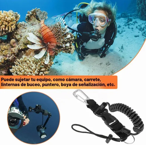 Vista 4 de Cordón de buceo, clip de acero inoxidable con resorte en espiral con correa de cincha, hebilla de liberación rápida, ideal para buceo, linternas