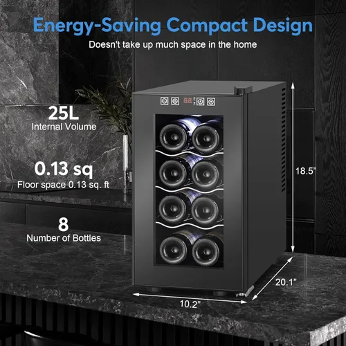 Vista 2 de Refrigerador Enfriador de Vinos de 8 Botellas, Refrigerador Pequeño de Vino, Mini Refrigerador de Vino de Encimera con Puerta de Vidrio, Bodegas