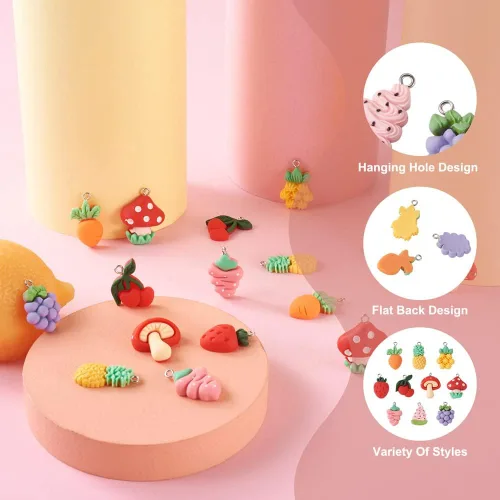 Vista 3 de Mega Pet 40 dijes de resina de frutas y verduras, fresa, piña, uva, cereza, resina, hongos, zanahoria, para bricolaje, collares, pulseras, aretes