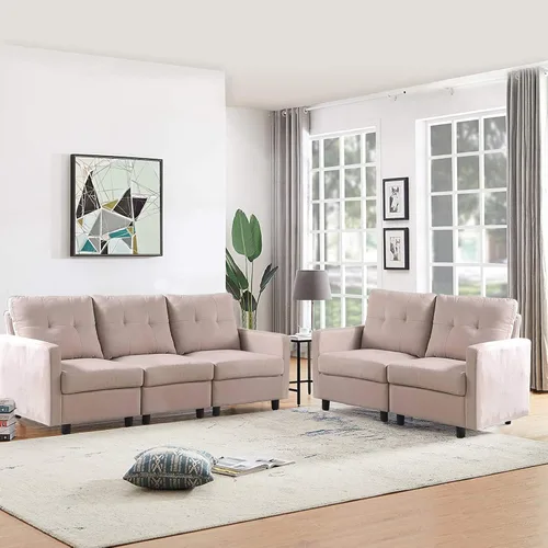 Vista 4 de Conjuntos de muebles de sala de estar de 5 piezas, sofá de tela y sofás de 3 asientos, gris