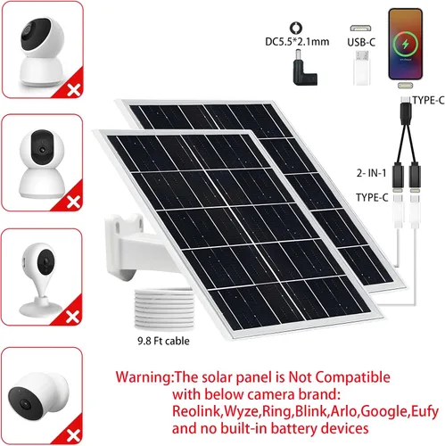 Vista 6 de Panel solar de 5 V y 16 W, paquete de 2 unidades IP65 impermeable con puertos USB-C/Micro USB/CC, cable de 9.8 pies para teléfono/banco